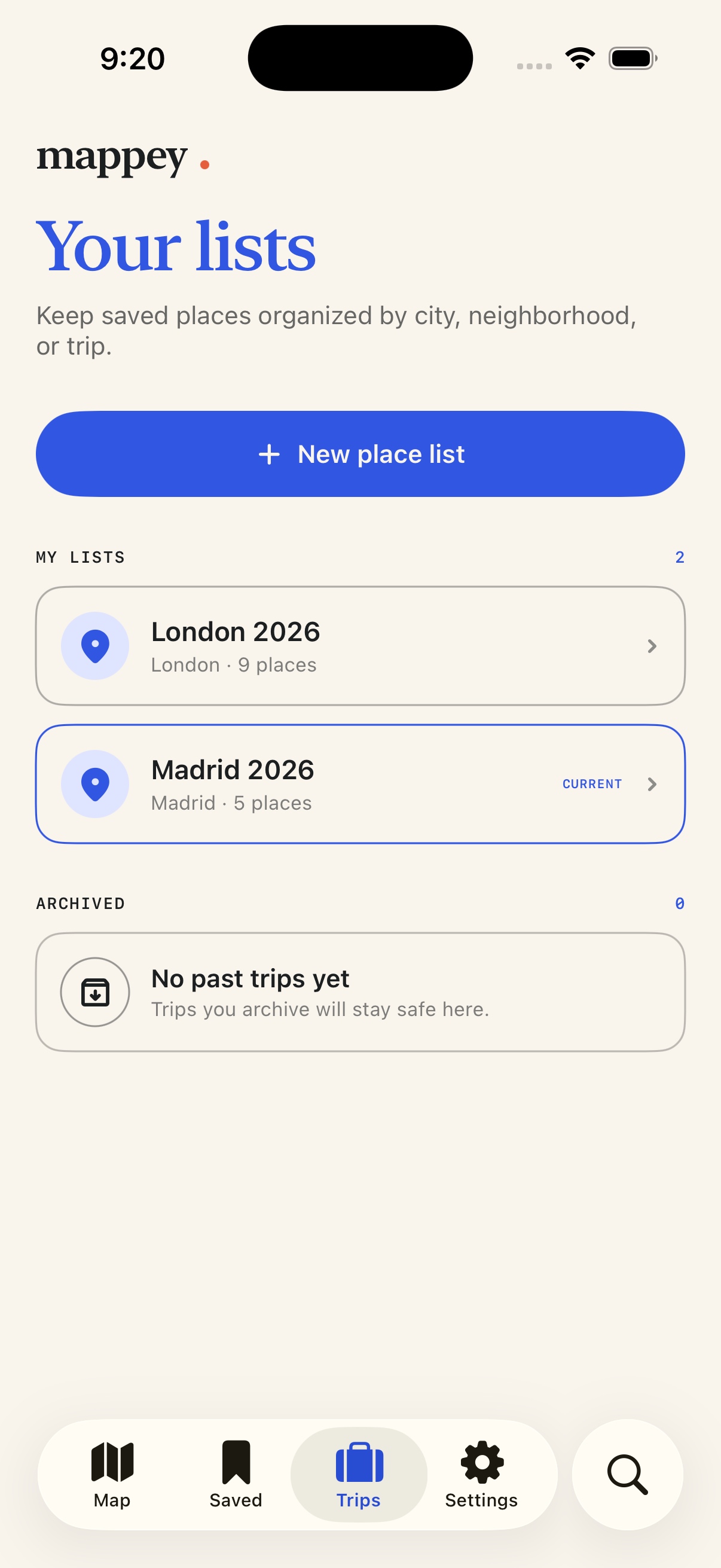 Mappey organizing active trip lists for London and Madrid